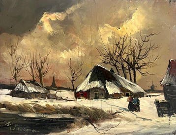 Hollandse School (XX) - Winterlanschap met figuren