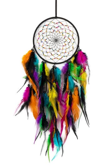 Dromenvanger Regenboog Zwart Dreamcatcher Veren Macramé Bohe, Ophalen of Verzenden, Nieuw, Feestartikel, Carnaval