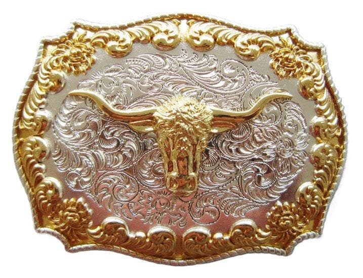 Double plated lange hoorn stier western Riem Buckle/Gesp, Kleding | Heren, Riemen en Ceinturen, Nieuw, Verzenden