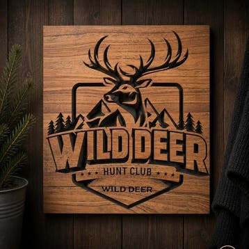 Teakhouten wandbord Wild Deer – diep gefreesd – uniek handge, Eigen ontwerp, Hout, Vintage, Nieuw