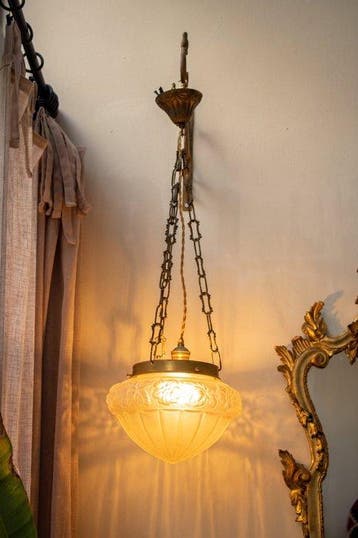 Plafondlamp - lantaarn - Messing, gesatineerd glas -