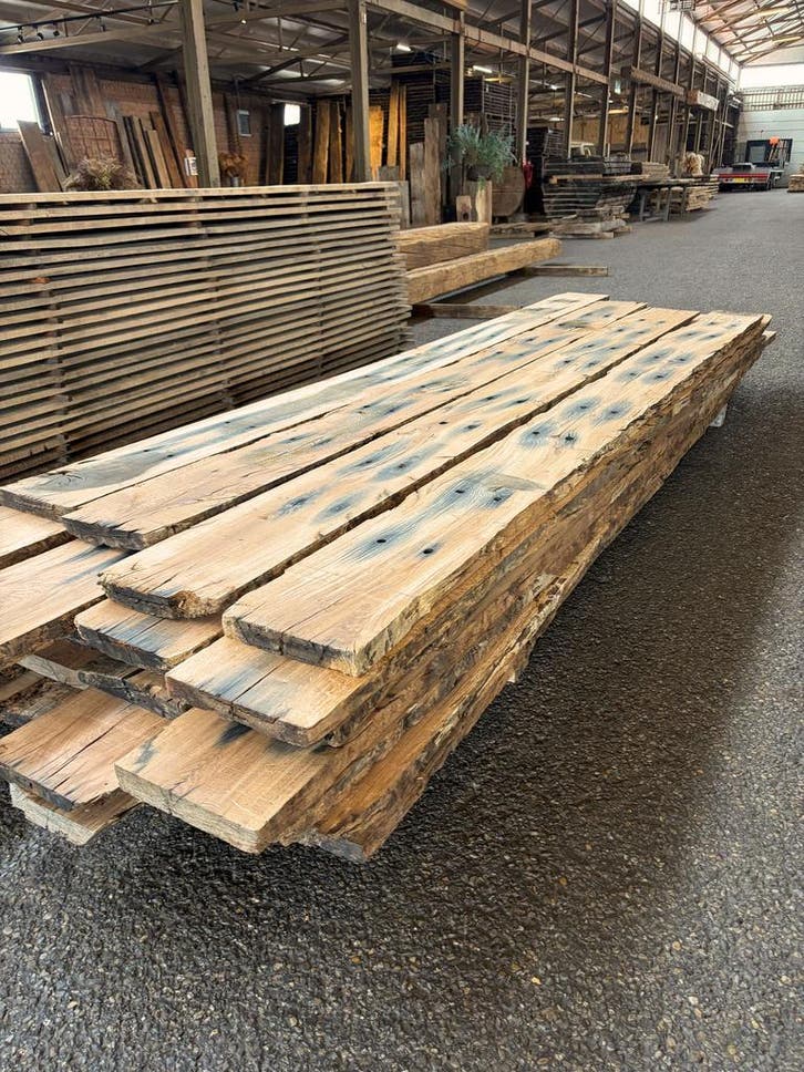 AANBIEDING: Geschaafde eiken wagonplanken, Doe-het-zelf en Verbouw, Hout en Planken, Eiken, 300 cm of meer, 25 tot 50 mm, Gebruikt