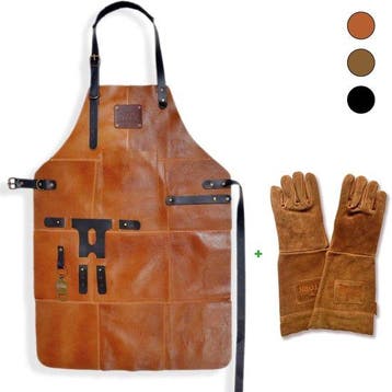 Leren BBQ Schort met Leren Handschoenen – Licht Bruin Echt L, Verzenden, Nieuw