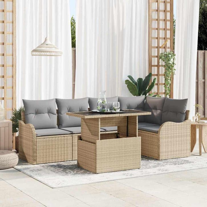 vidaXL Eetkamerset met kussen 6 pcs Beige Poly riet, Tuin en Terras, Tuinsets en Loungesets, Nieuw, Rotan, Verzenden