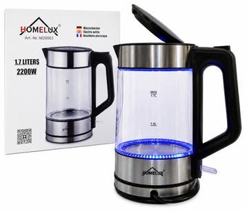 HOMELUX Glazen Waterkoker met ledverlichting – 1,7 Liter, Minder dan 1 liter, Ophalen of Verzenden, Nieuw, Draadloos