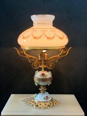 Lamp - Porselein, Messing - Vintage Romantisch, Antiek en Kunst