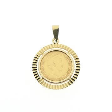Gouden hanger van 5 gulden munt; Koningin Wilhelmina 1912, Ophalen of Verzenden, Gebruikt, Goud, Overige merken