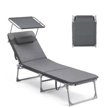 Opvouwbare Tuinstoel Hoofdsteun Zonnescherm - Grijs / Zwart, Tuin en Terras, Tuinstoelen, Verzenden, Nieuw