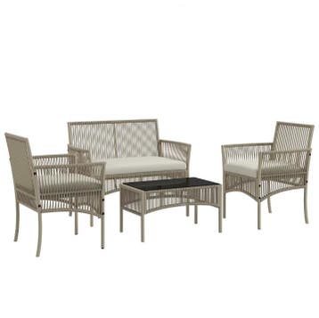 Rotan Tuinmeubelset 4-delig – incl. Zitkussens – Kaki, zwart, Tuin en Terras, 5 zitplaatsen, Nieuw, Tuinset, Bank