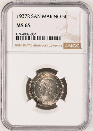 San Marino. 5 Lire 1937 Certified by NGC as MS 65. Rome mint