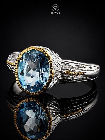 Blauwe topaasring - 925 sterlingzilver - goudoverlay vintage