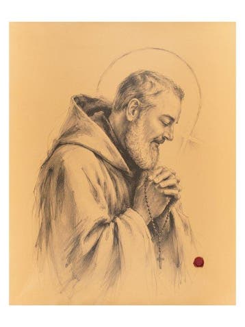 Padre Pio in Gebed – Druk op Leder 84,50 x 68,00 cm -