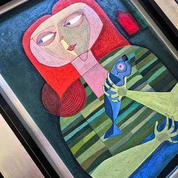 Gèr Huntjens – Woman with Blue Fish (1956) Tempera and oil., Personages en Fantasiefiguren, Ophalen of Verzenden, Ingelijst, Overige techniek