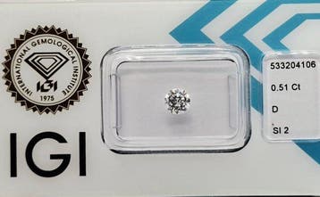 1 pcs Diamant (Natuurlijk) - 0.51 ct - Rond - D (kleurloos), Nieuw