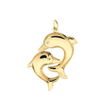 Gouden hanger van twee dolfijnen (Hanger of bedel), Sieraden, Tassen en Uiterlijk, Bedels, Ophalen of Verzenden, Gebruikt, Goud