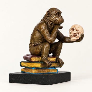 Beeldje - Aap met schedel op boekentoren - Brons, Marmer