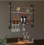 Wand Wijnrek Industrieel 3 Lagen –Hout en Metaal met Glashou, Huis en Inrichting, Woonaccessoires | Wijnrekken, Verzenden, Nieuw