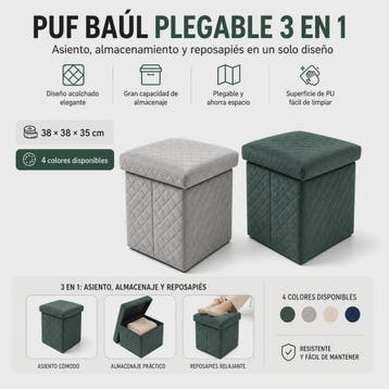 3-in-1 Opvouwbare Fluwelen Opberg Poef met Diamant Design -, Verzenden, Nieuw