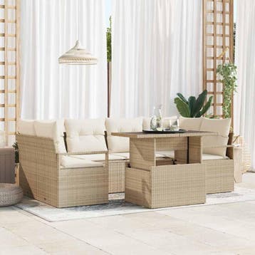 vidaXL Tuin Sofa Set 7 st Beige Poly riet, Verzenden, Nieuw, Rotan, 7 zitplaatsen