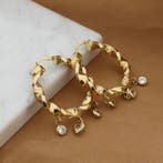 Gouden wokkel creolen met zirconia; Ø 34,5 mm (Oorbellen), Sieraden, Tassen en Uiterlijk, Oorbellen, Gebruikt, Overige kleuren