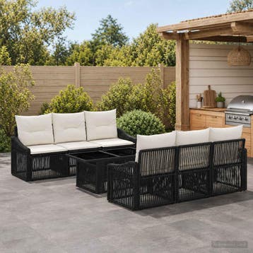 vidaXL Tuinbankenset 7 st Zwart en Cream Wit poly rattan, Verzenden, Nieuw
