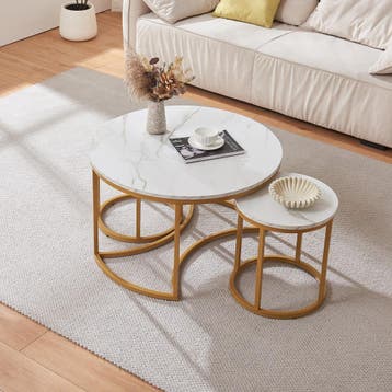 Salontafel Christchurch rond set van 3 marmer wit en goudkle, Verzenden, Nieuw