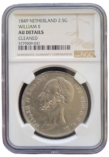 Koning Willem II 2 1/2 gulden 1849 AU details NGC, Verzenden, Koning Willem II, Losse munt, Zilver