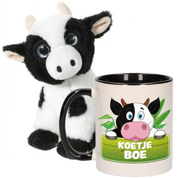 Koeien knuffel en mok cadeau set - pluche - 14 cm - 300 ml, Verzenden, Nieuw