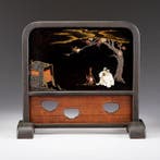 Scheidingsscherm met Genji- en bunraku-scène - Gelakt hout,