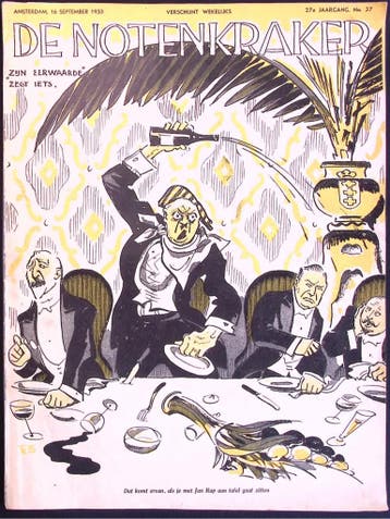 Spotprent met man die diner verstoort (lijst optie, Lithos), Verzenden