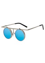 Ronde Zonnebril Steampunk Flip Up Zilver Montuur Rond Blauwe, Ophalen of Verzenden, Nieuw, Blauw