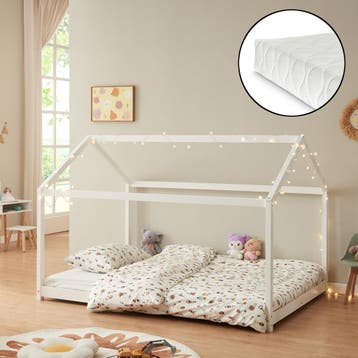 [en.casa] Kinderbed Cerro huisbed met matras 140x200 cm wit, Verzenden, Nieuw