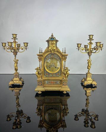 Klok en garnituur set (3) - Brons, Emaille - 1850-1900