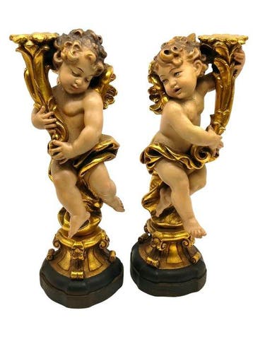 sculptuur, Anri - Coppia di Putti in legno decorazione a