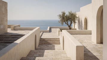 Fotobehang zeezicht – mediterraan terras behang, Verzenden, Fotobehang