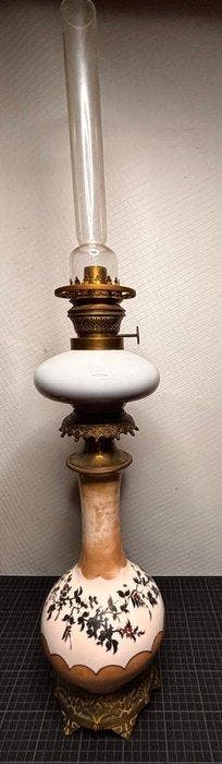 Olielamp - Verguld messing, Opaline glas - Handgeschilderde