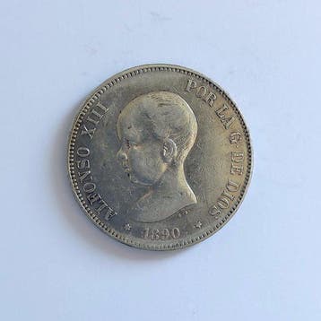 Spanje. Alfonso XII. 5 Pesetas 1890 MPM (Zonder