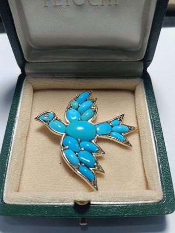 Broche - 18 karaat Geel goud Turquoise