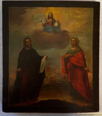 Icoon - Christus Pantokrator, Twee heiligen - Hout