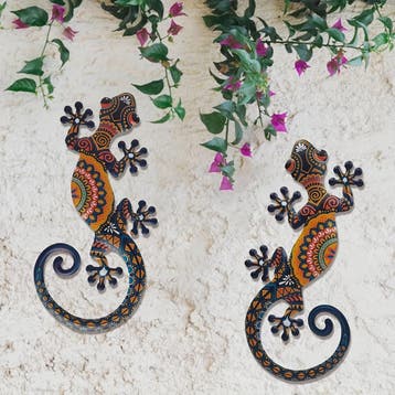 Set van 2 Metalen Gekko Wanddecoratie - Levendige Tribal Pat