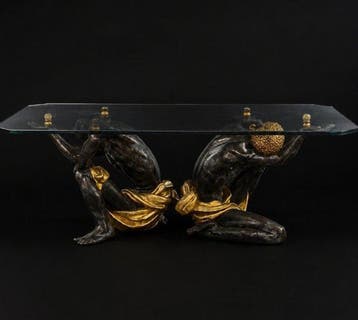 Middentafel - Glas, Goud, Hout - Twee knielende,