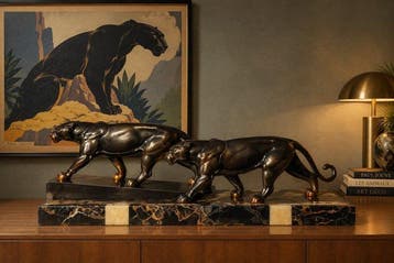 Alexander Ouline - sculptuur, Dos panteras en marcha - 20 cm