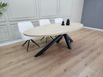 Eiken ovale tafel eettafel met Industriele onderstel, 100 tot 150 cm, Vijf personen of meer, Eikenhout, Ovaal