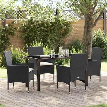 vidaXL Tuin eettafelset met kussen 5 pcs Zwart poly rattan, Verzenden, Nieuw, Rotan, 5 zitplaatsen