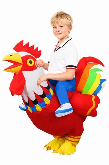 KIMU® Opblaas Kostuum Kinderen Zittend op Kip Rood Regenboog, Ophalen of Verzenden, Nieuw