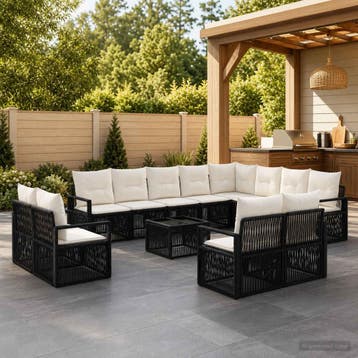 vidaXL Tuinbankenset 13 st Zwart poly rattan, Verzenden, Nieuw, 3 zitplaatsen