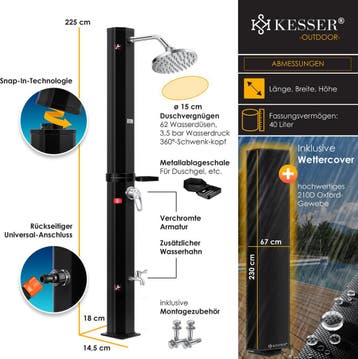 Buitendouche - Tuindouche - Zonneenergie - 40L - Zwart - KES, Verzenden, Zo goed als nieuw