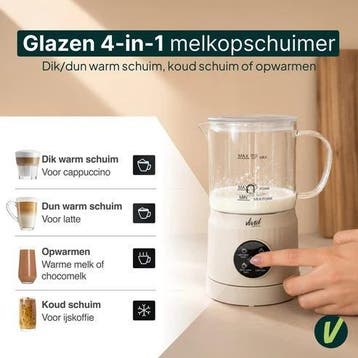 Melkopschuimer Glas - PFAS-vrij - 4-in-1 Melkschuimer Creme, Verzenden, Zo goed als nieuw