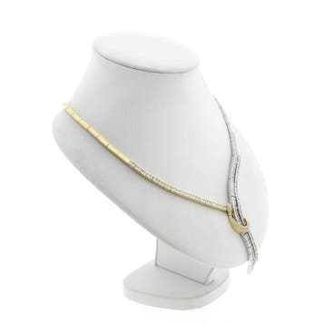 Bicolor gouden staafjescollier met zirconia (Ketting), Sieraden, Tassen en Uiterlijk, Kettingen, Gebruikt, Overige kleuren, Ophalen of Verzenden