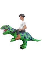 KIMU® Opblaas Kostuum Rijdend op T-Rex Groen Opblaasbaar Pak, Carnaval, Nieuw, Overige maten, Ophalen of Verzenden